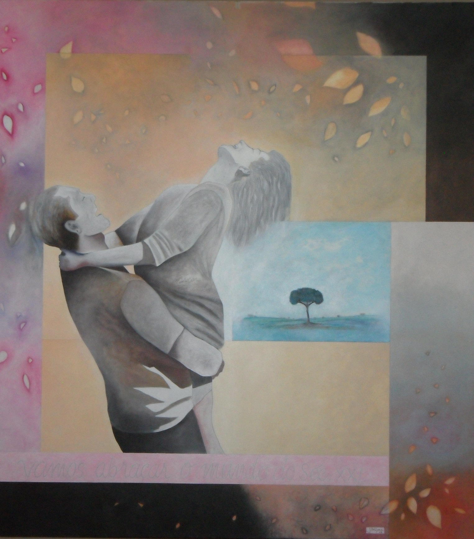 Vamos abraçar o mundo, 2002 c/ 2ª intervenção - 2020, acrílico s/ tela, 110 x 100